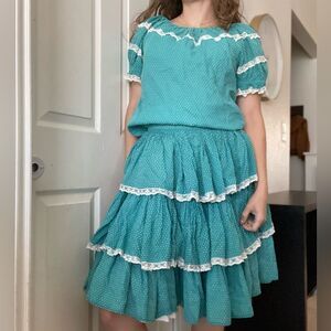 Vintage 50s Square Dance Skirt Set Swiss Dot Polka Dot Lace‎ Sz XS Blue White